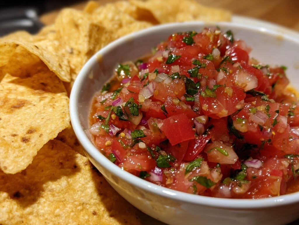 Stored fresh tomato salsa and chips