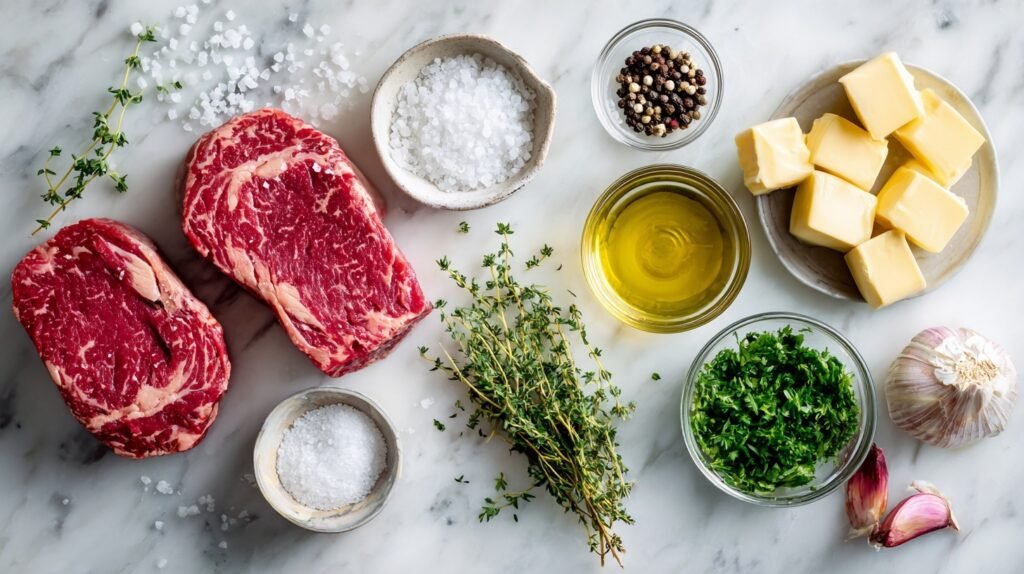 Fresh ingredients for Pan-Seared Steak in Butter Sauce
