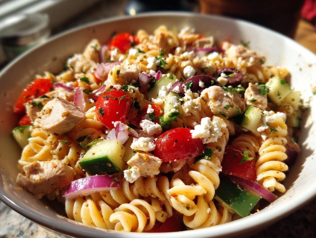 high protein chicken pasta salad