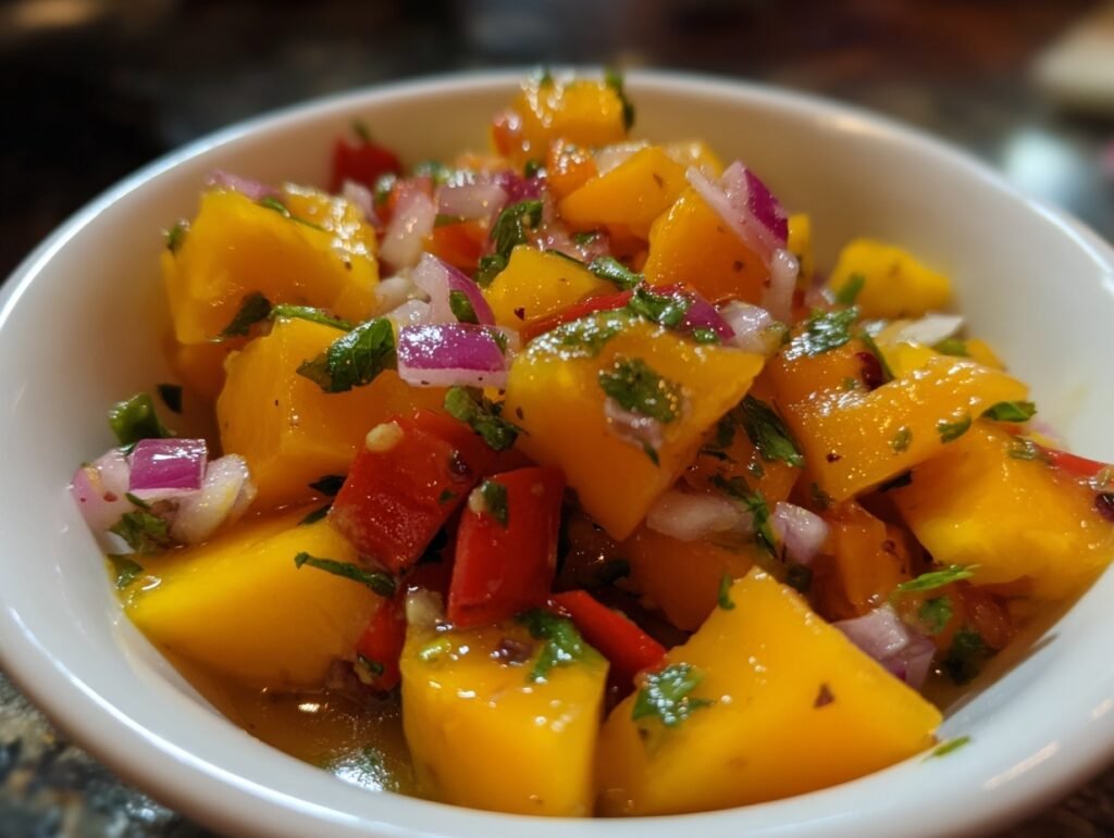 Fresh Summer Mango Salsa storage in jar