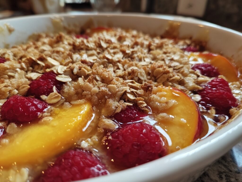 Fluffy Peach Raspberry Crisp